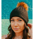 Rochelle**Black Beanie Hat with Natural Brown Faux Fur Pom Pom
