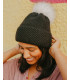 Eve**Black Pretty Knit Beanie Hat with White Faux Fur Pom Pom