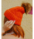 Eve**Orange Pretty Knit Beanie Hat with Natural Brown Faux Fur Pom Pom