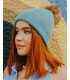 Kim**Teal Ribbed Knit Beanie Hat with Natural Brown Faux Fur Pom Pom