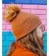Kim**Brown Ribbed Knit Beanie Hat with Natural Pom Pom