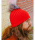 Rochelle**Red Beanie Hat with Grey Faux Fur Pom Pom