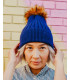 Rochelle**Navy Beanie Hat with Natural Brown Faux Fur Pom Pom